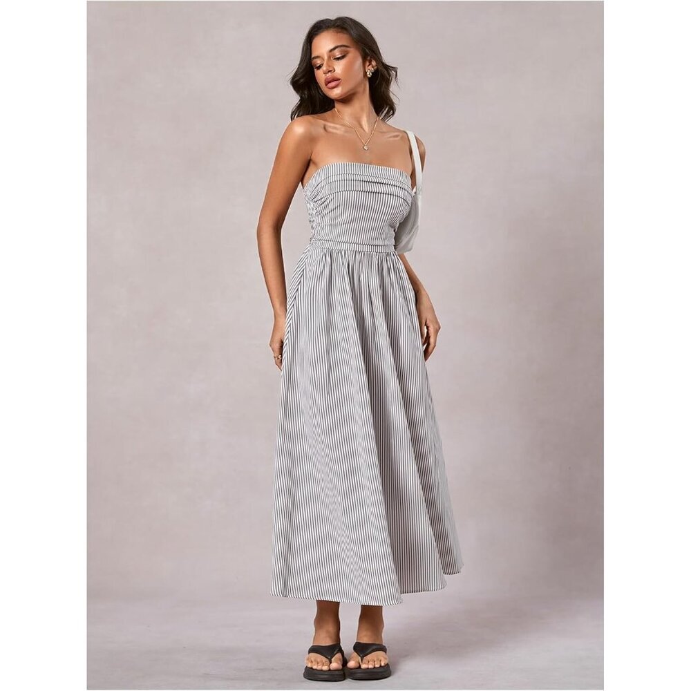Women's Gray Strapless Maxi Dress Summer Tube Top Long With Pocket - Picture 4 of 5